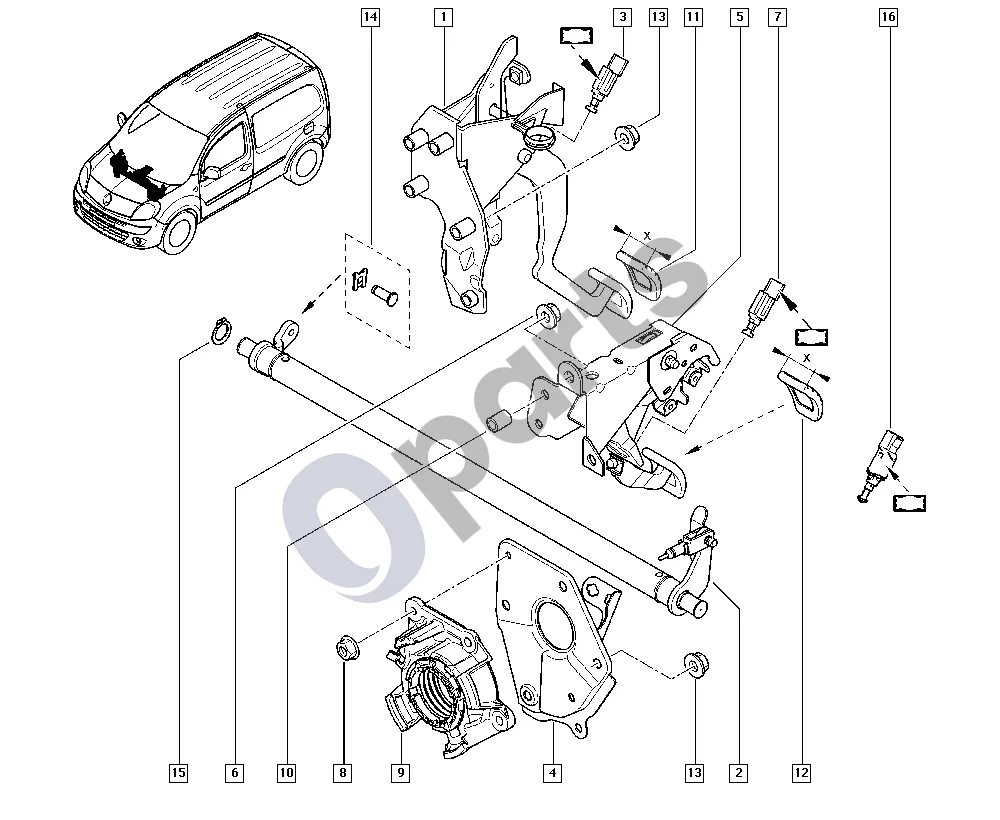 Renault Kangoo II (2008–2014) Pedalų mazgas schema – pozicija 16: Sankabos eigos jungiklis