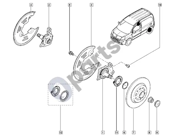 Renault Kangoo II stebulės ašis - diskas – schema