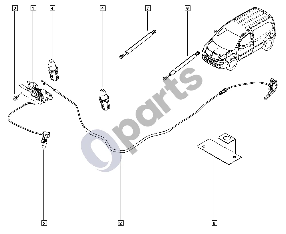 Renault Kangoo II (2008–2014) Visos spynos schema – pozicija 6: Variklio dangčio stabilizatorius
