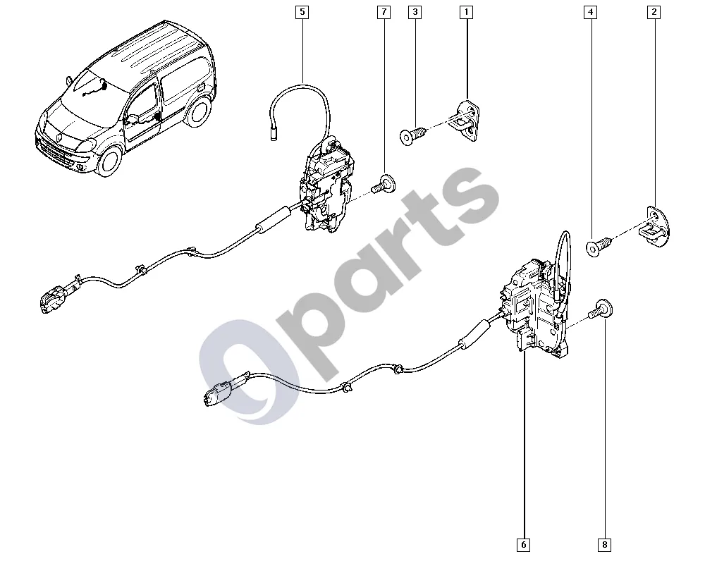Renault Kangoo II (2008–2014) Visos spynos schema – pozicija 6: Priekinių durų spyna