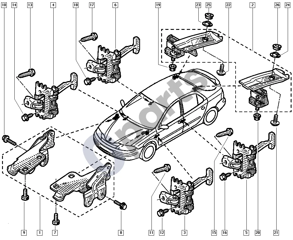Renault Laguna II (2001–2007) Durų vyriai schema – pozicija 3: Durų ribotuvas