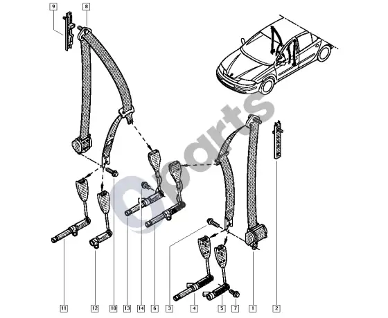Renault Laguna II saugos diržai – schema