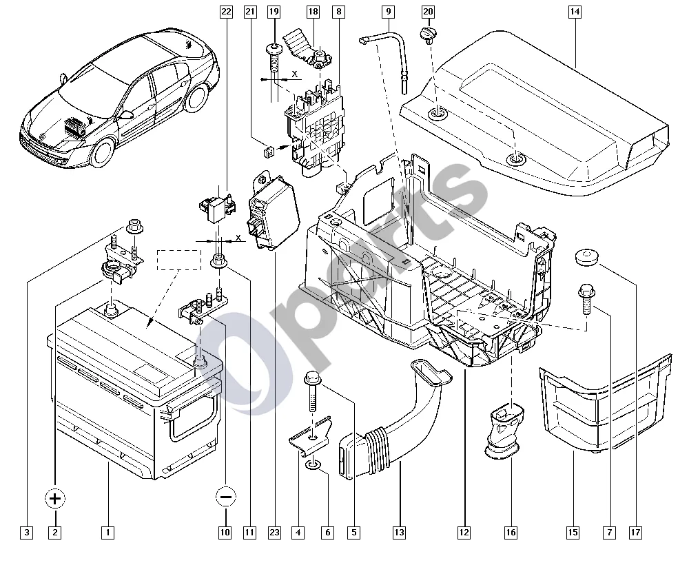 Renault Laguna III (2007–2015) Akumuliatorius schema – pozicija 14: Akumuliatoriaus dėklo dangtelis