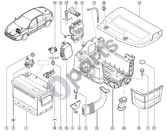 Renault Laguna III akumuliatorius – schema