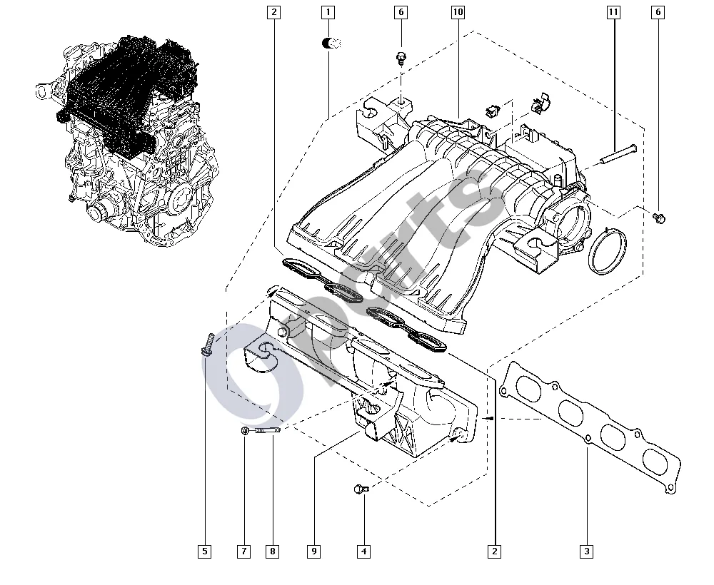 Renault Laguna III (2007–2015) Kolektorius (M4R) schema – pozicija 3: Kolektoriaus tarpiklių komplektas