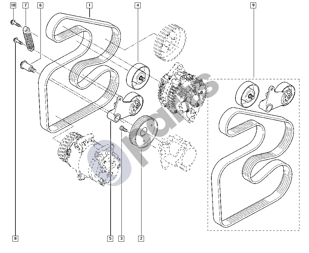 renault master-ii-2004 Įtempiklis – diržas schema – pozicija 7: Tensioner-hyd