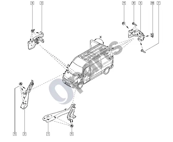 Renault Master III durų vyriai – schema