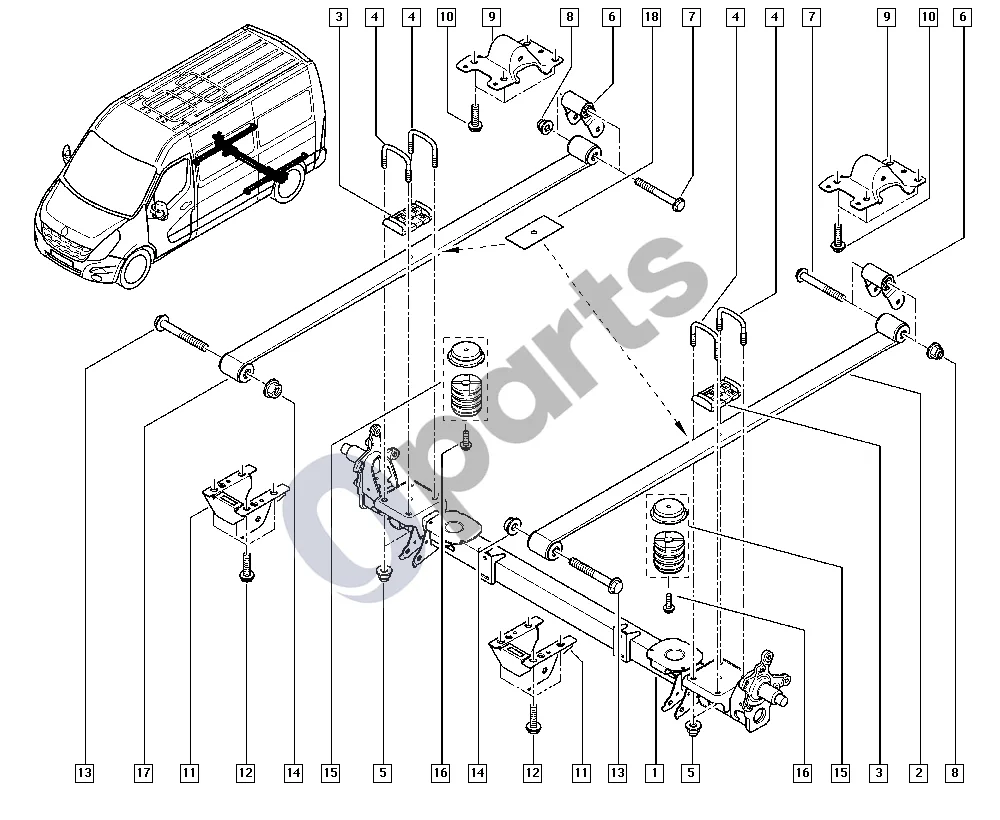 Renault Master III (2010–2024) Galinė ašis schema – pozicija 11: Priekinės pakabos atrama