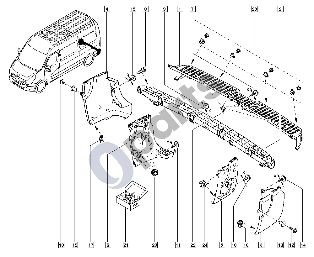 Renault Master III (2010–2024) Galiniai bamperiai schema – pozicija 1: Galinis bamperis, centrinis