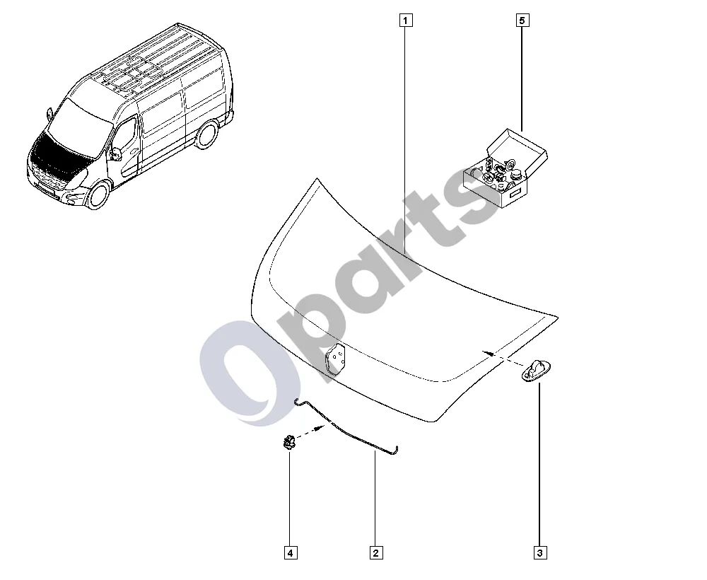 Renault Master III (2010–2024) Neatsidarantys šoniniai elementai schema – pozicija 1: Variklio dangčio mazgas
