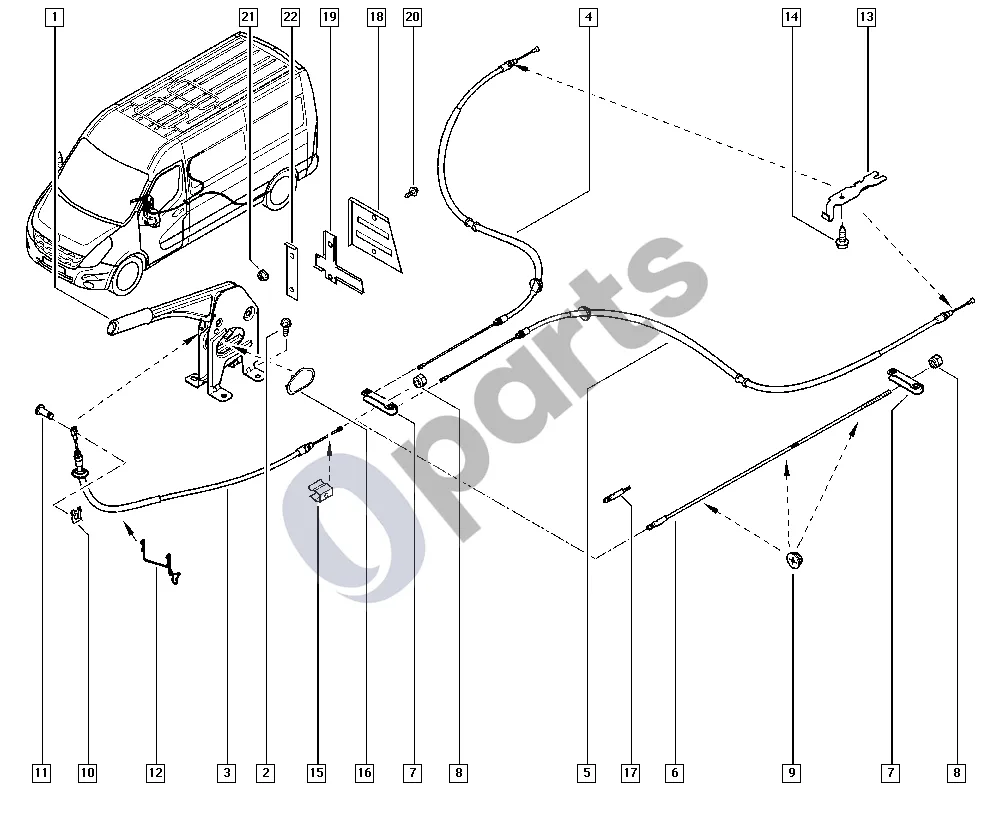 Renault Master III (2010–2024) Rankinis stabdys schema – pozicija 3: Cable-pkb, pri