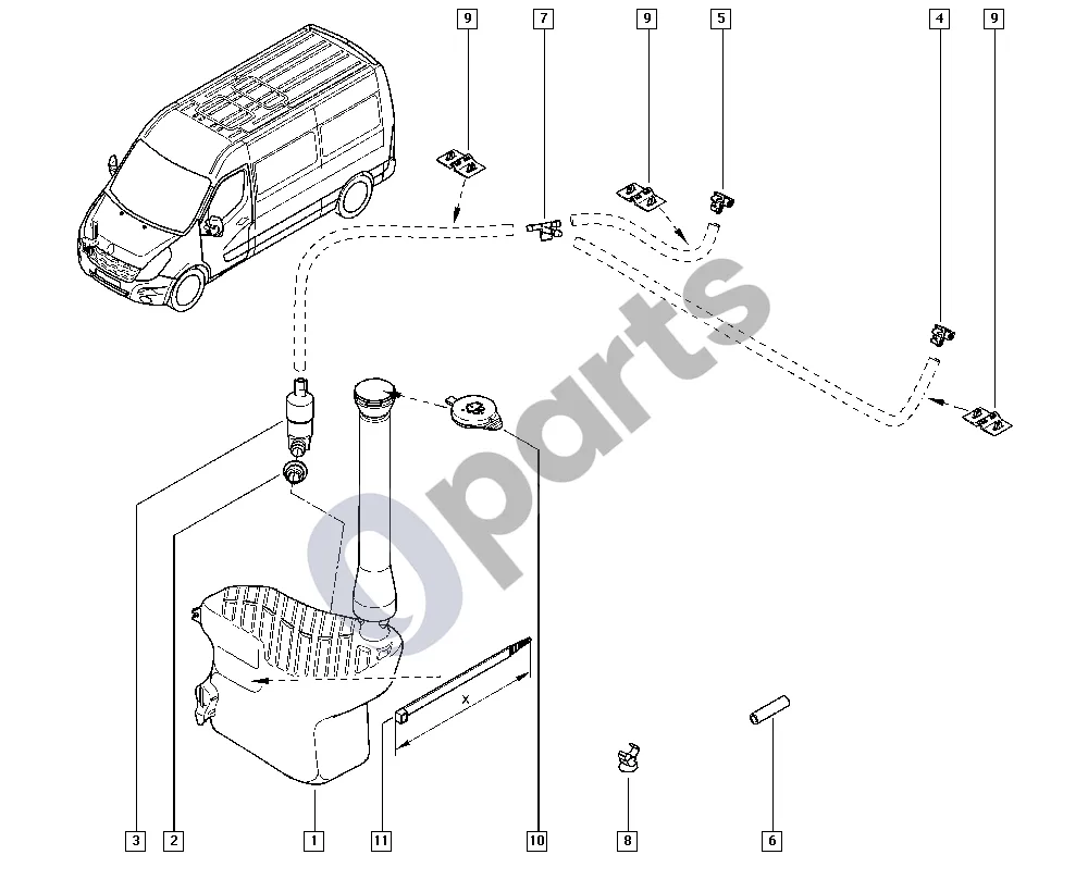 Renault Master III (2010–2024) Stiklo plovimo skysčio bakelis schema – pozicija 10: Stiklo plovimo bakelio dangtelis