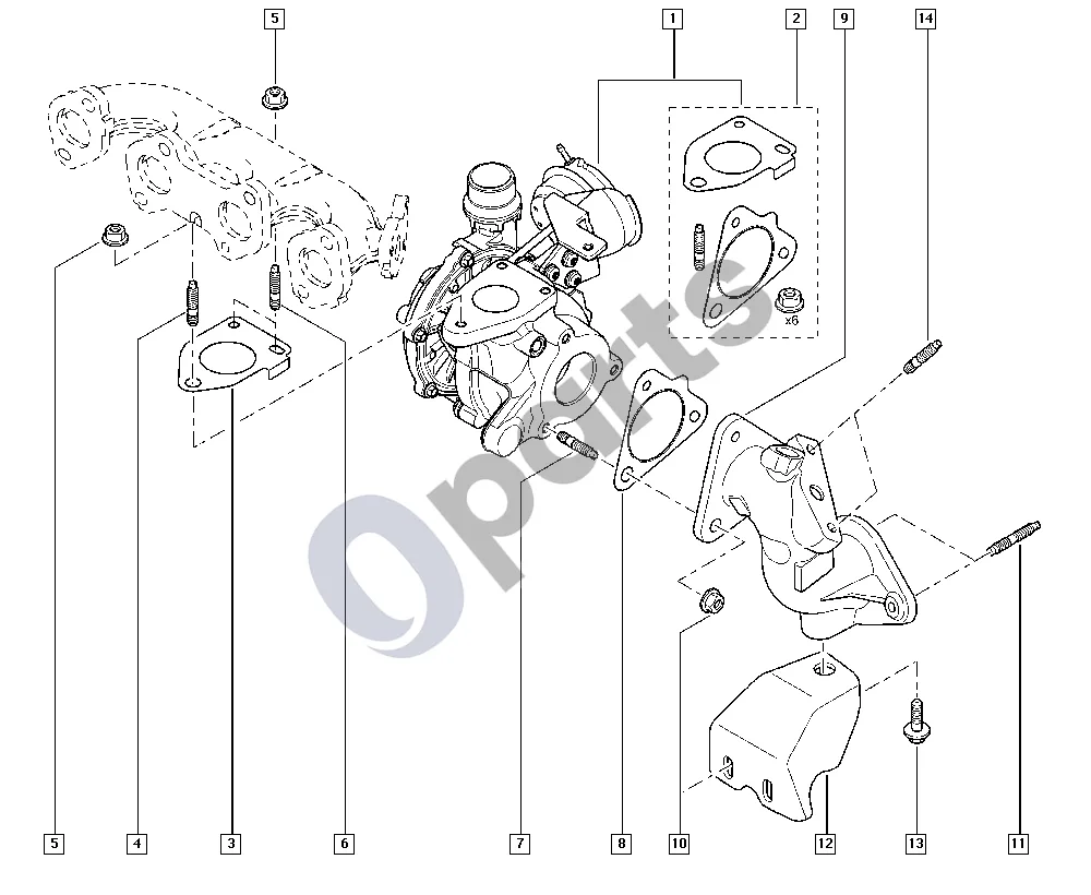 Renault Master III (2010–2024) Turbo (M9T) schema – pozicija 2: Turbokompresoriaus tvirtinimo komplektas