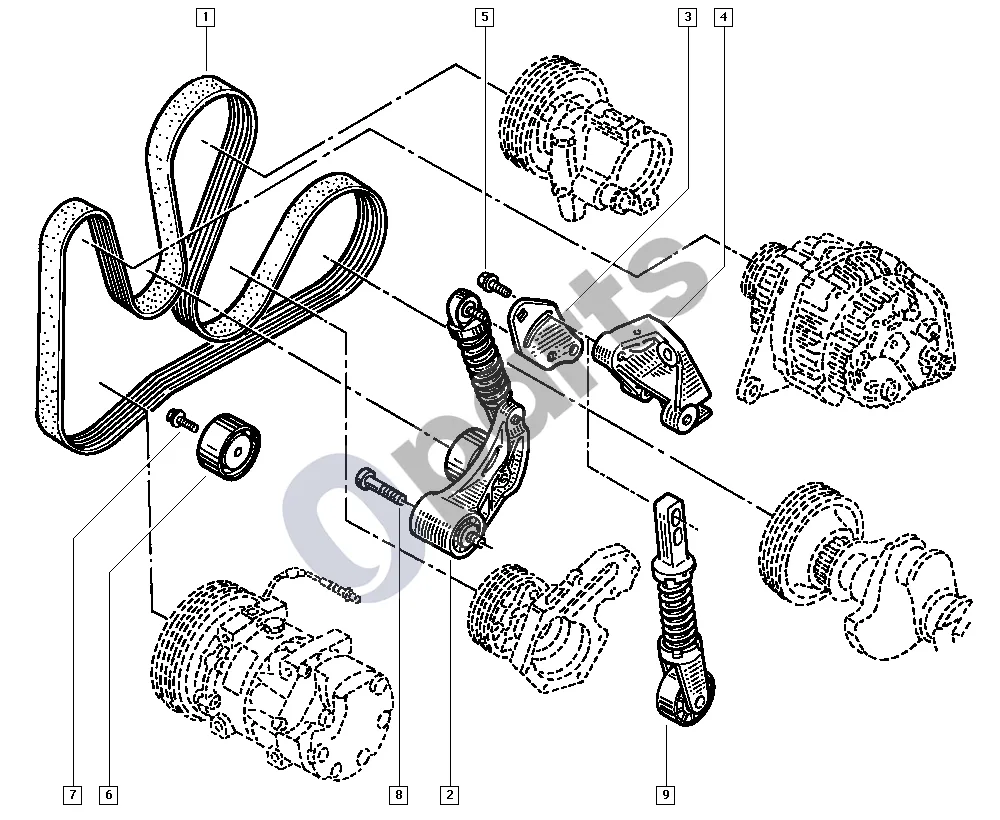 Renault Megane I (1995–2002) Diržo įtempiklis (F8Q) schema – pozicija 2: Įtempiklis me