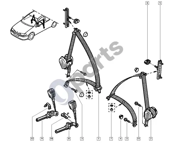 Renault Megane I saugos diržai – schema
