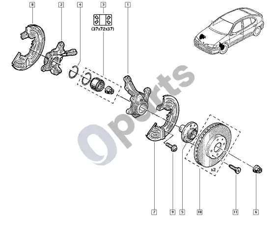 Renault Megane I stebulės ašis - diskas – schema