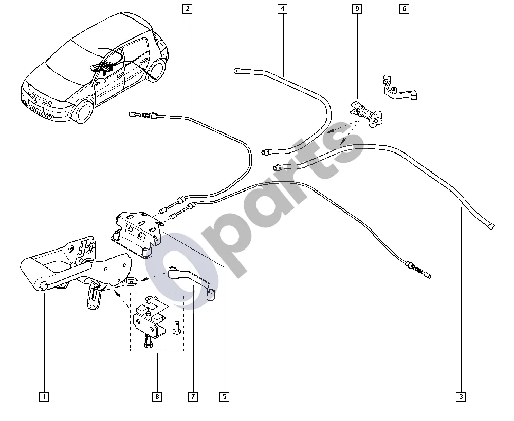 Renault Megane II (2002–2008) Rankinis stabdys schema – pozicija 9: Atraminis spaustukas