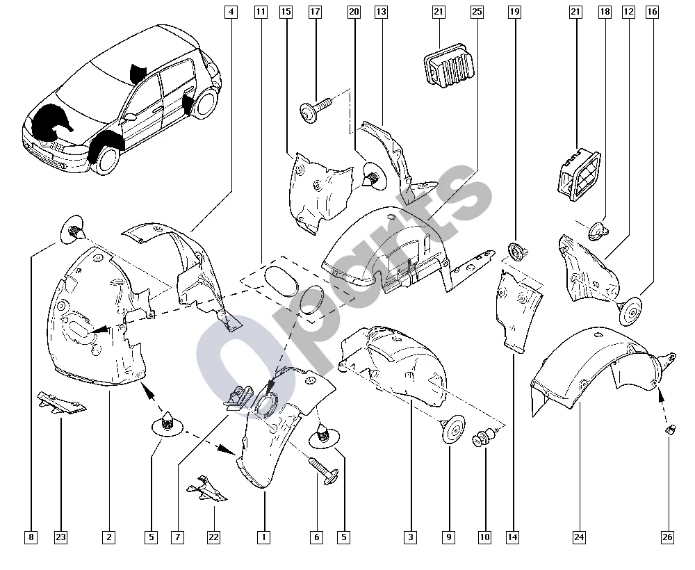 Renault Megane II (2002–2008) Ratų arkos apsauga schema – pozicija 2: Ratų arkos tvirtinimas varžtais