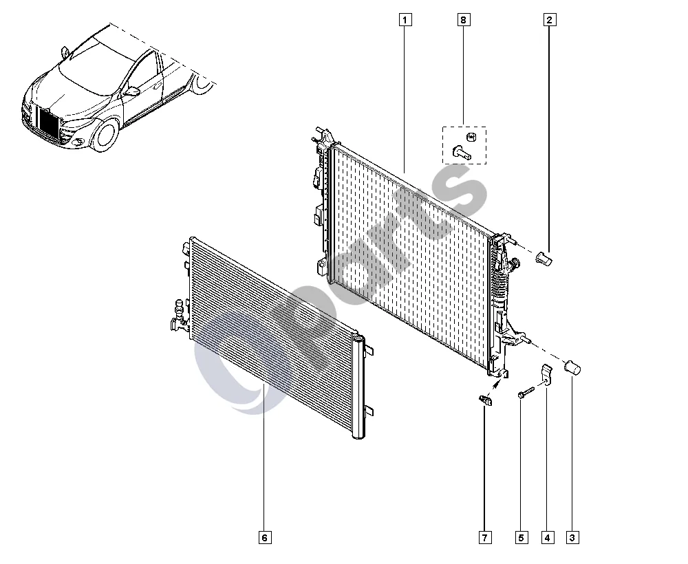 Renault Megane III (2009–2016) Aušinimo skysčio radiatorius schema – pozicija 1: Radiatorius