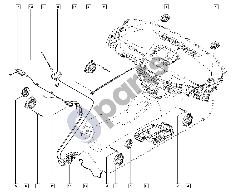 Renault Megane III (2009–2016) Radijo parengimas schema – pozicija 13: Garsiakalbis