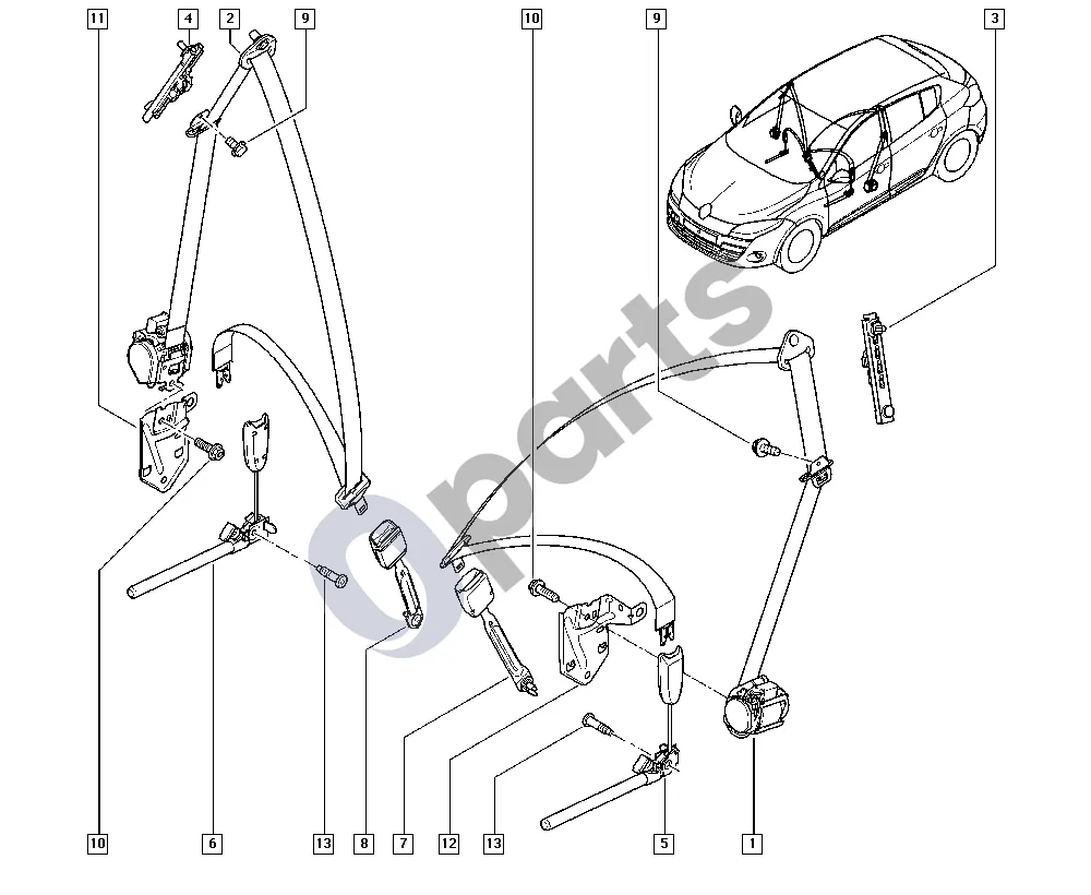 Renault Megane III (2009–2016) Saugos diržai (R9M) schema – pozicija 12: Saugos diržo laikiklis