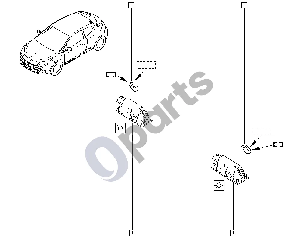 Renault Megane III (2009–2016) Valstybinio numerio apšvietimas schema – pozicija 1: Numerio apšvietimo žibintas