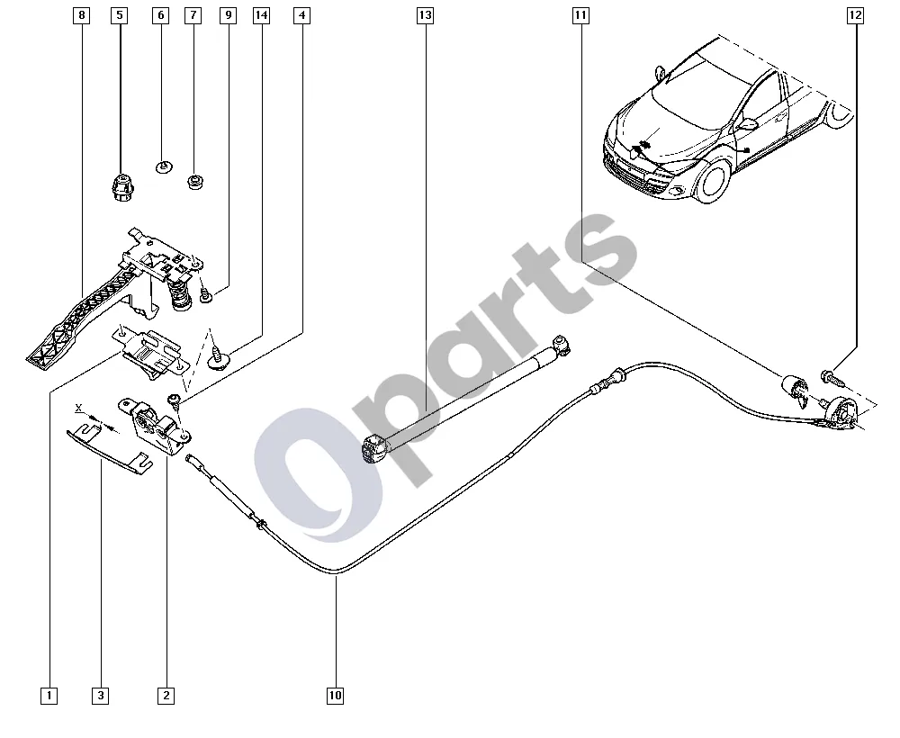 Renault Megane III (2009–2016) Visos spynos schema – pozicija 13: Variklio dangčio kairė gaudyklė