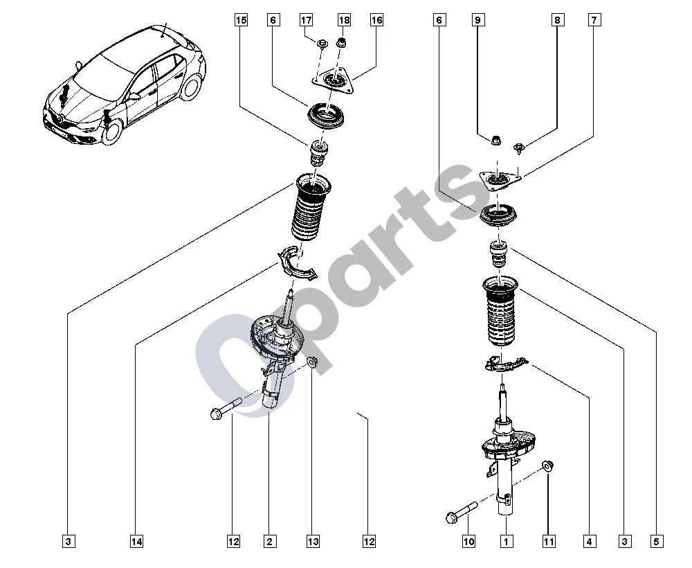 Renault Megane IV (2016–) Amortizatorius schema – pozicija 1: Amortizatorius, priekinis