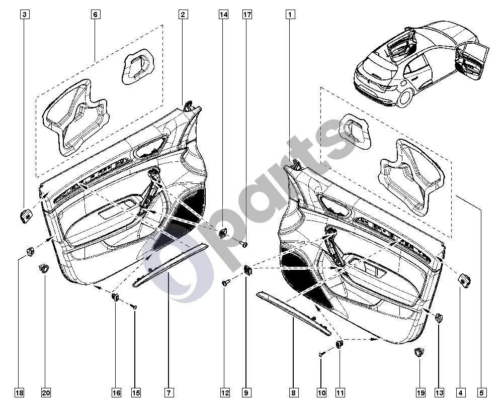 Renault Megane IV (2016–) Durelių apdaila schema – pozicija 5: Sandarinimo juostelė, priekinė dešinė
