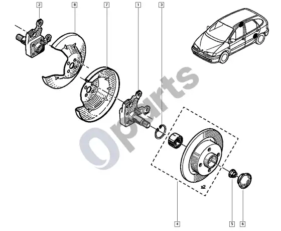 Renault Scenic I stebulės ašis - diskas – schema