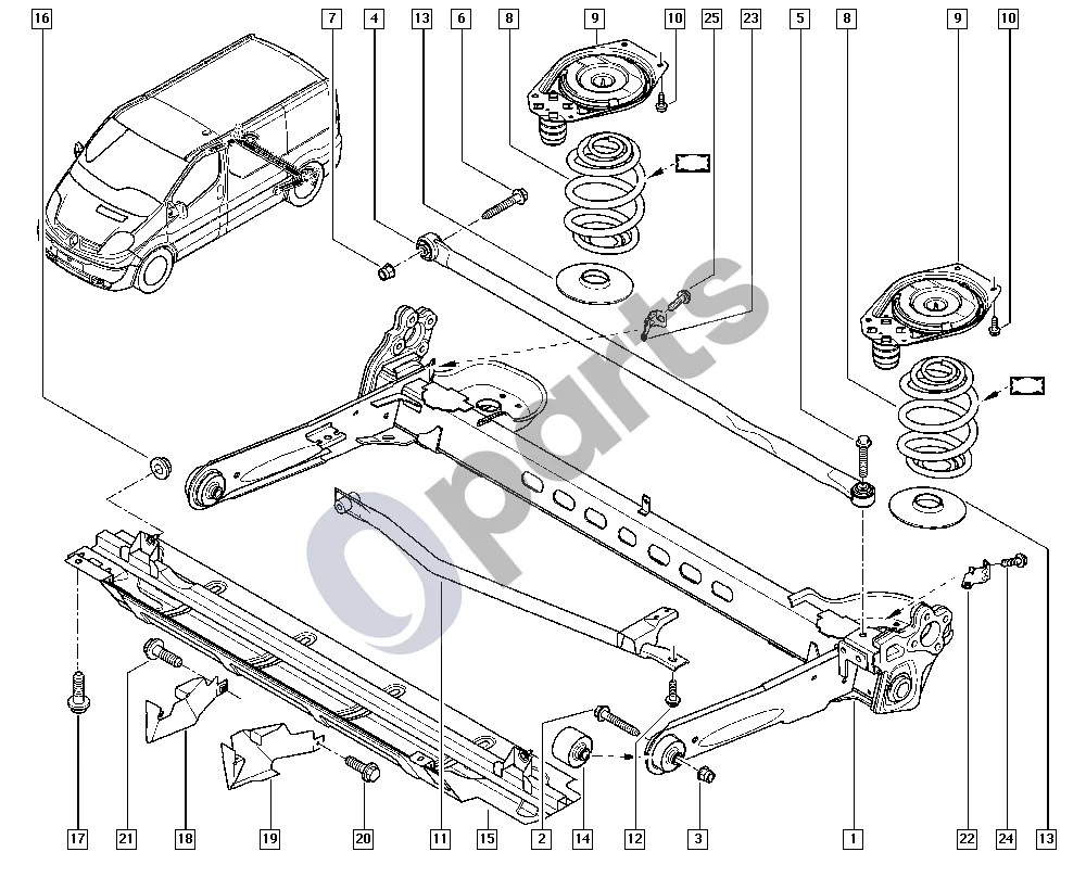 Renault Trafic II (X83) (2001–2014) Galinė ašis schema – pozicija 14: Hinge axle rh
