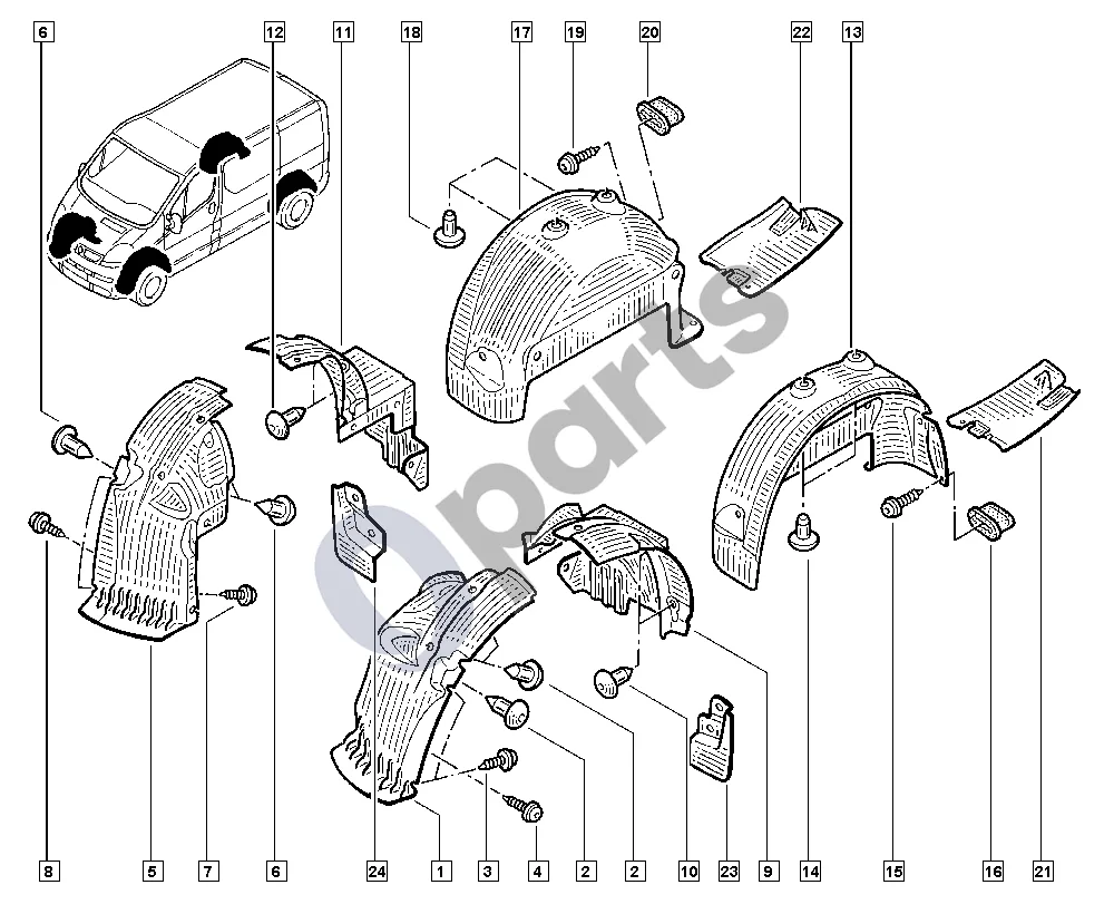 Renault Trafic II (X83) (2001–2014) Ratų arkos apsauga schema – pozicija 11: Apsauga