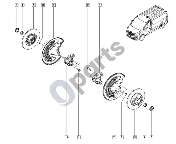 Renault Trafic III stebulės ašis - diskas – schema