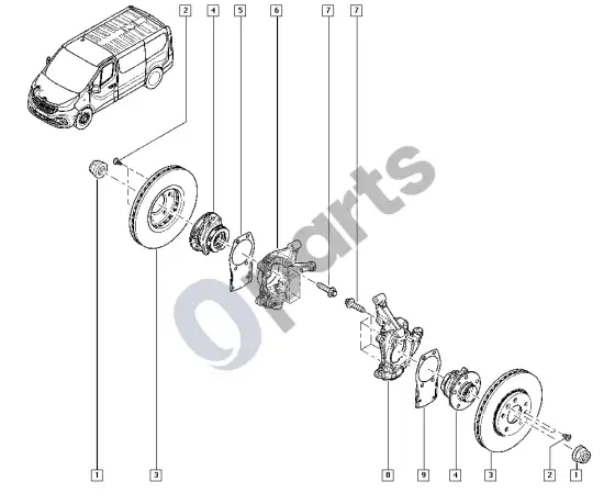 Renault Trafic III stebulės ašis - diskas – schema