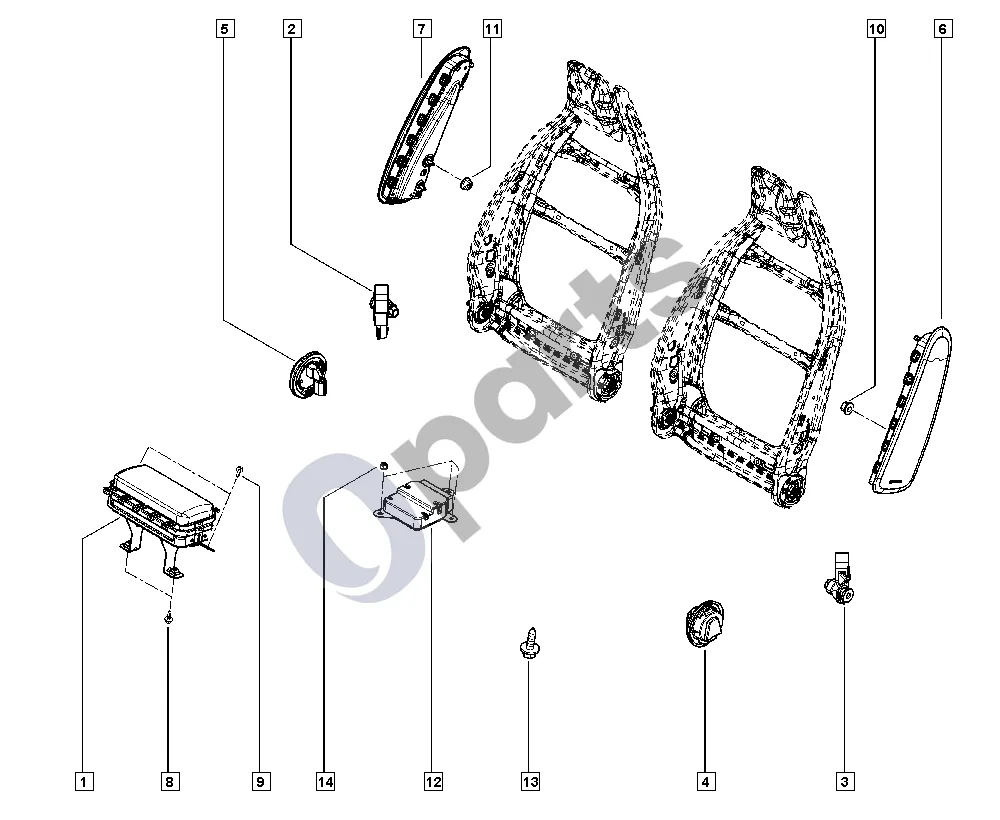 Renault Twingo III (2014–) Oro pagalvės schema – pozicija 12: Saugos sistemos valdymo blokas, komplektas