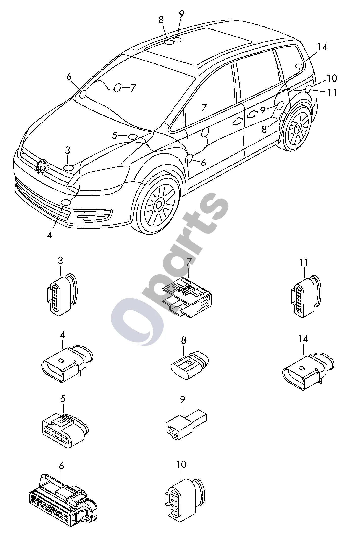 Seat Alhambra (Mk2) (2010–) Centrinė laidų pynė schema – pozicija 6: Plokščiųjų kontaktų jungtis su kontaktų fiksavimo mechanizmu; Jungiamasis elementas; Durų laidų pynė