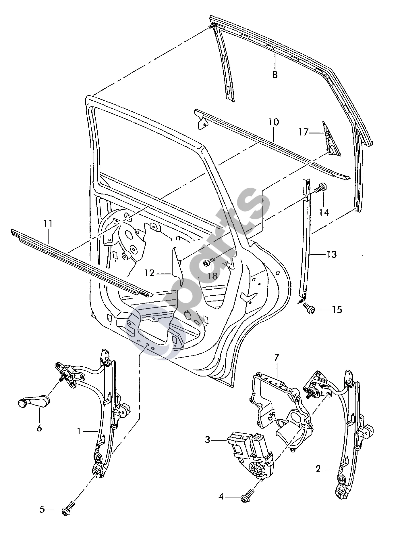 Seat Altea (2004–2015) Lango stiklo pakeliklis schema – pozicija 2: Stiklo pakeliklis be variklio; Modeliams su elektra valdomais langais