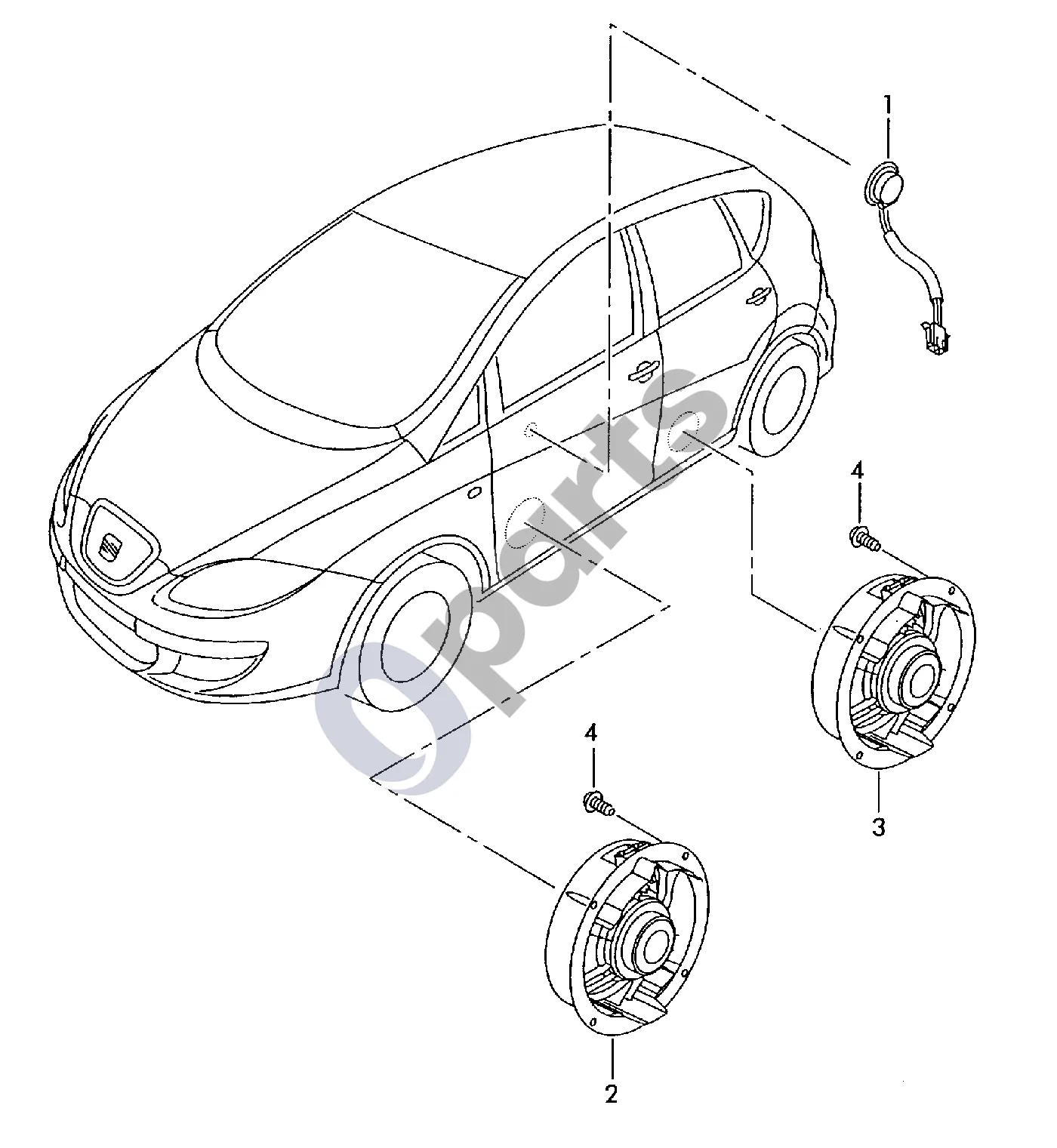 Seat Altea (2004–2015) Garso sistemos elektros dalys schema – pozicija 2: Žemųjų dažnių garsiakalbis