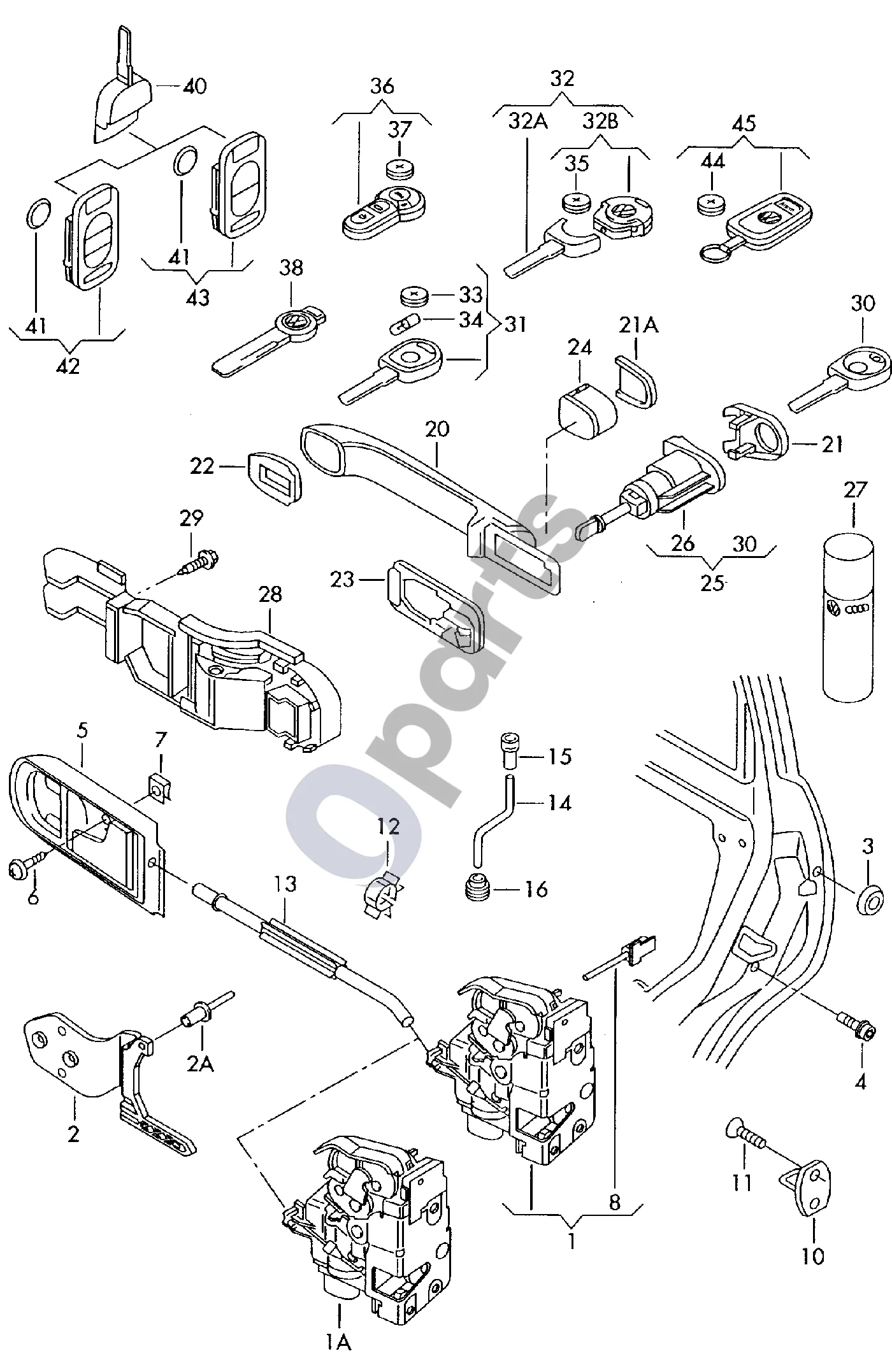 Seat Arosa (1997–2005) Durų spyna schema – Bowden troselis