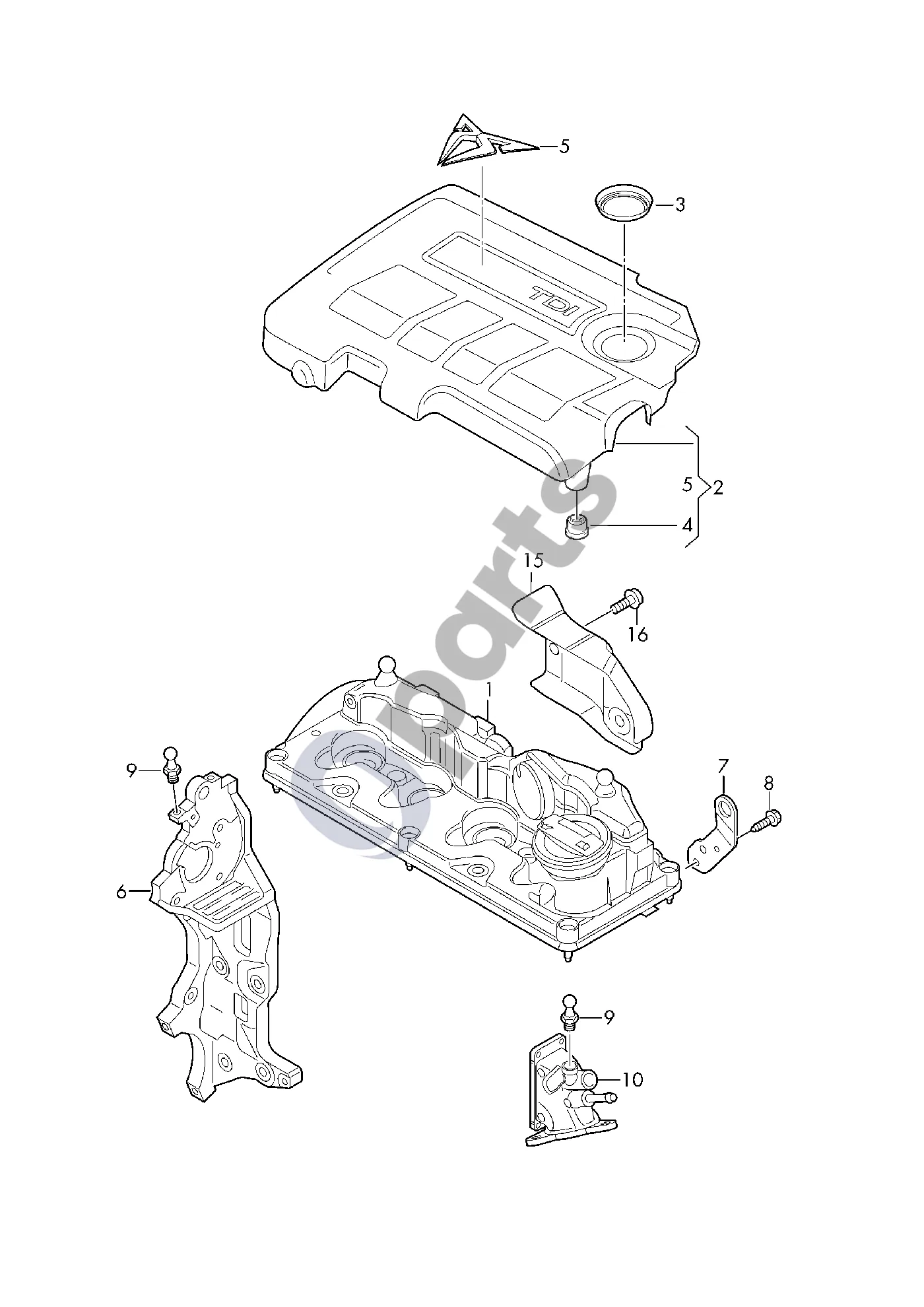 Seat Ateca (2016–) Įsiurbimo kolektoriaus dangtis schema – pozicija 5: SEAT emblema