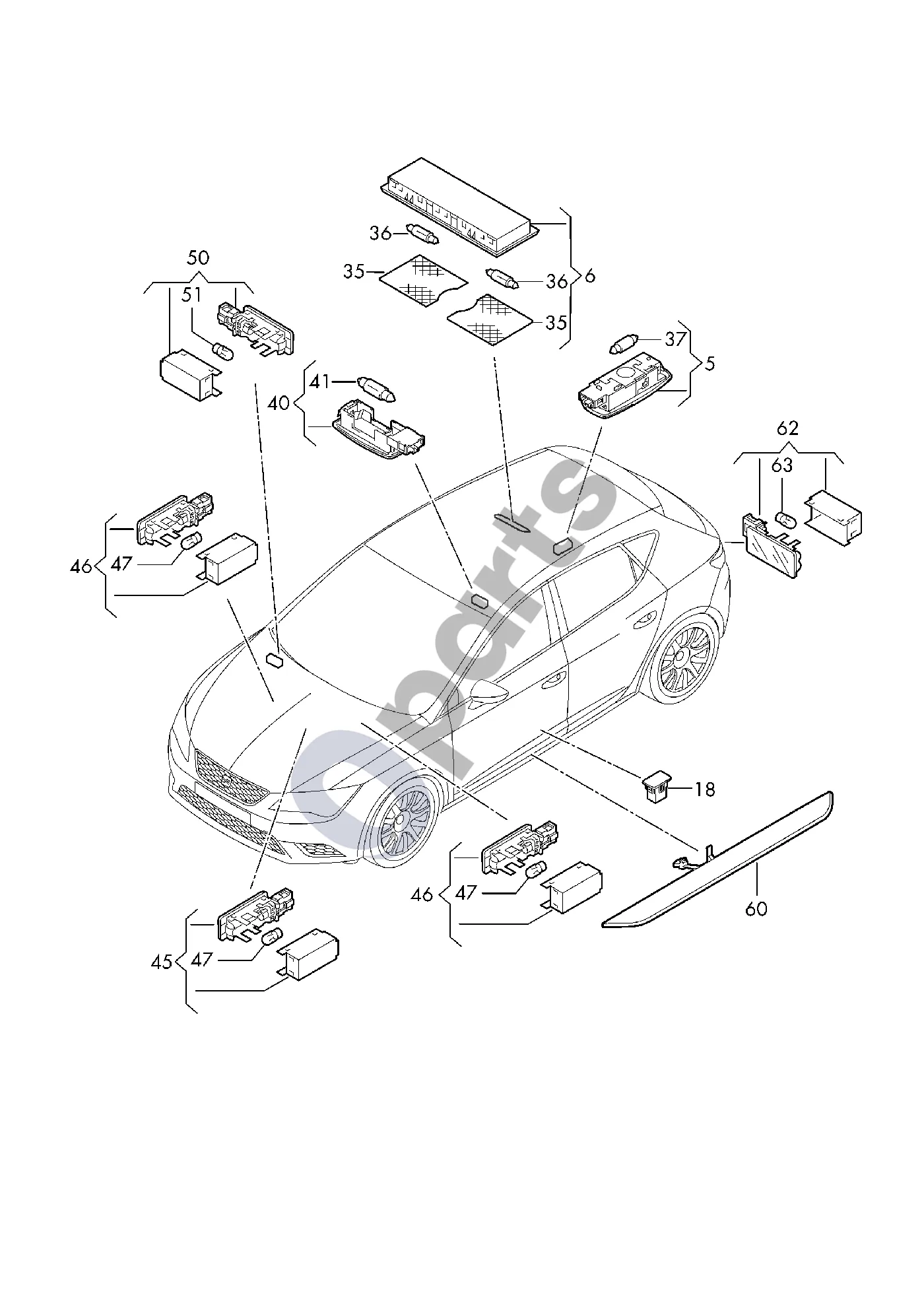 Seat Ateca (2016–) Salono ir skaitymo apšvietimas schema – Apšviečiama slenksčio juostelė