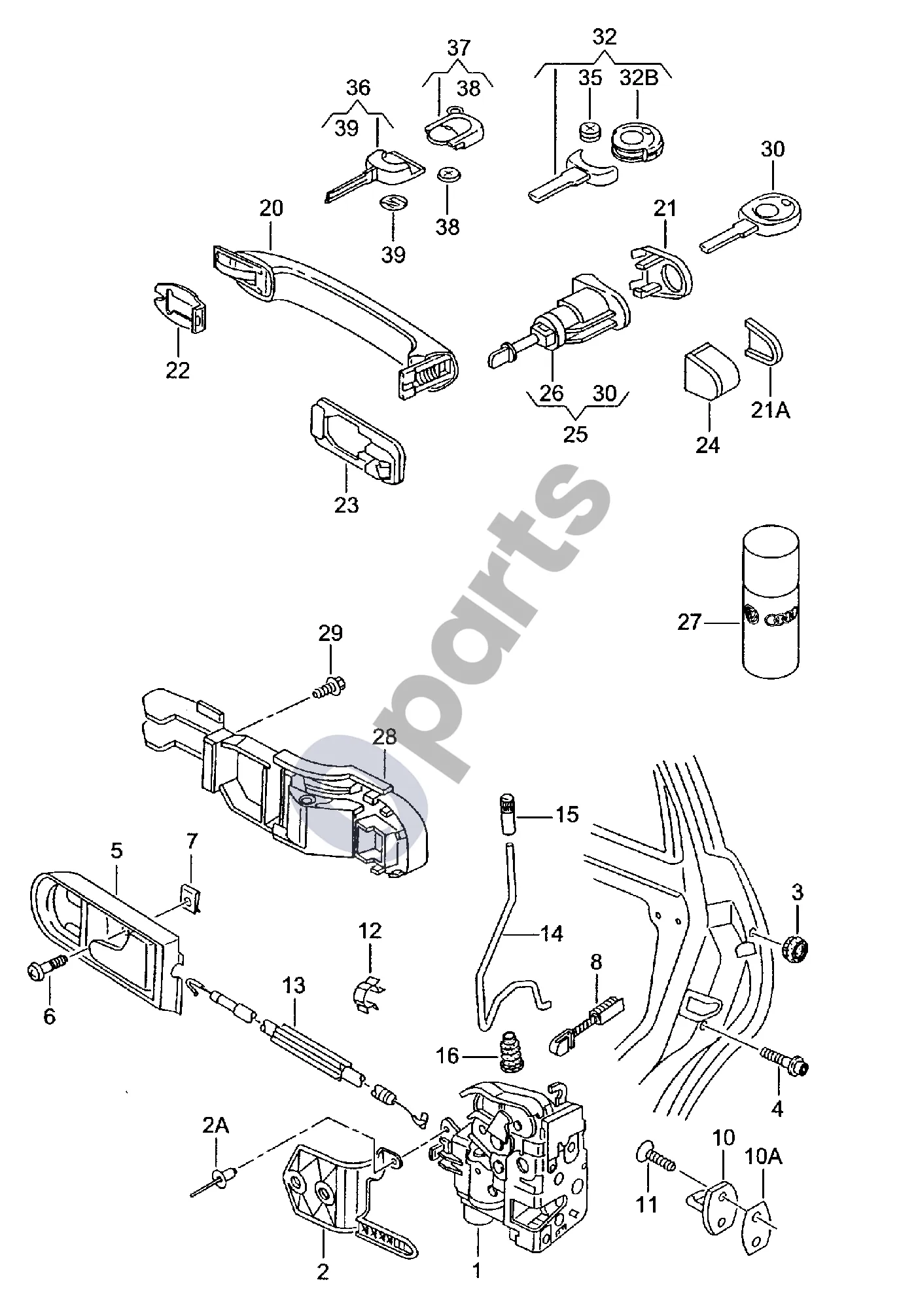 Seat Leon (1M) (1998–2006) Durų spyna schema – pozicija 13: Bowden troselis