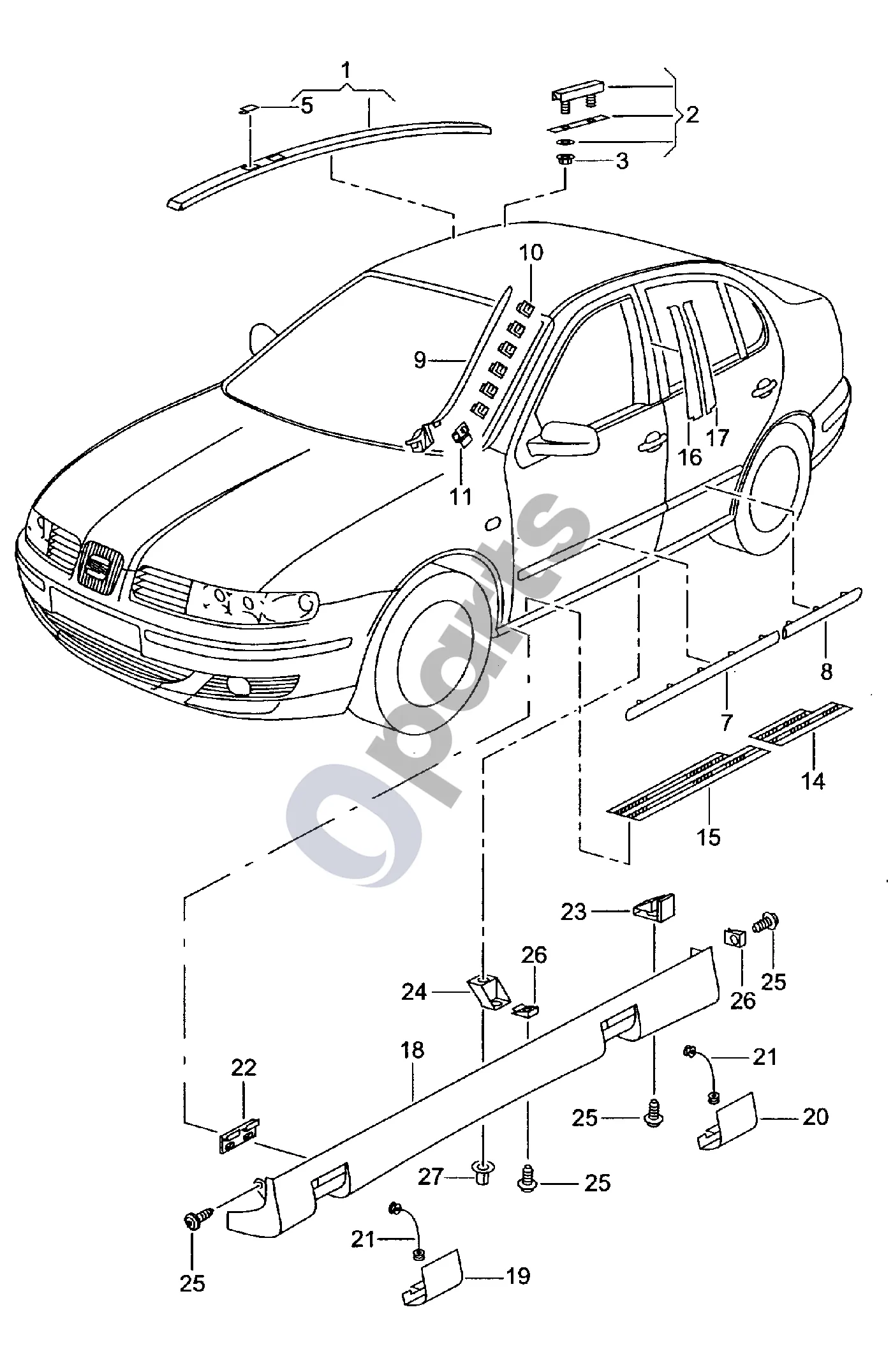 Seat Leon (1M) (1998–2006) Stogo apdailos juostelė schema – pozicija 11: Spaustukas