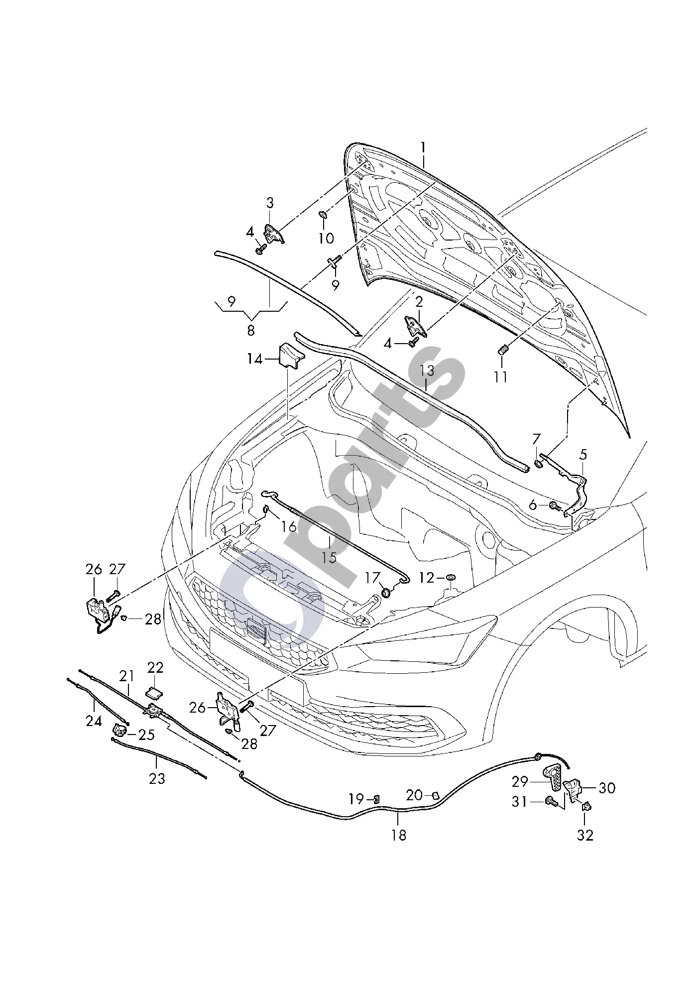 Seat Leon IV (2020–) Variklio dangtis schema – pozicija 21: 1 komplektas trosų