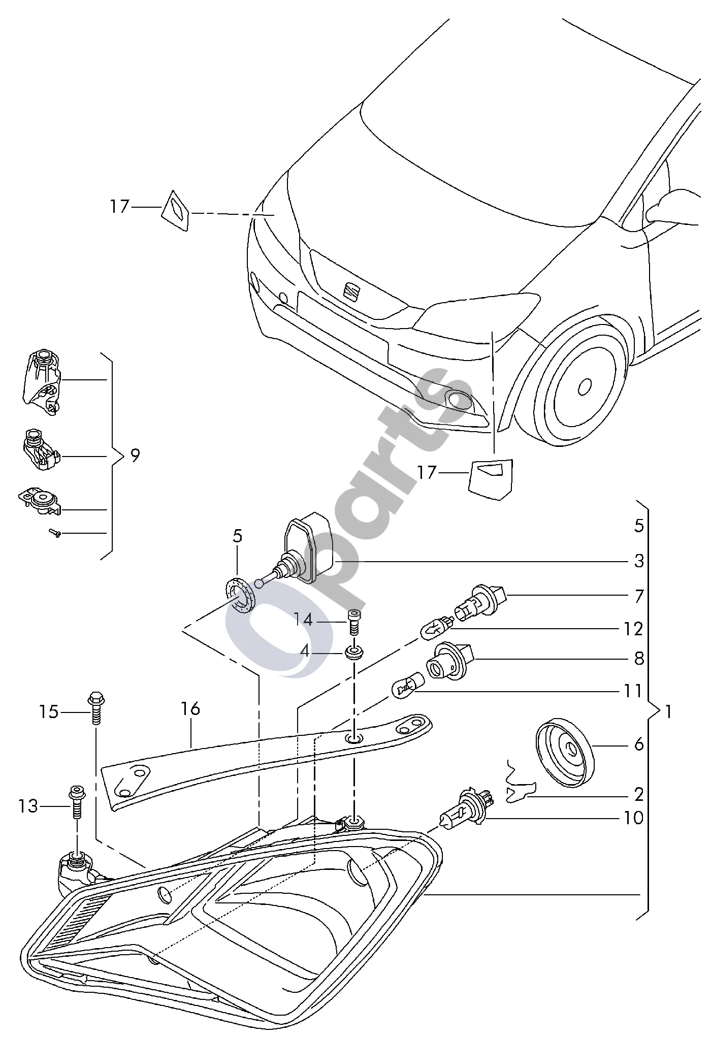 Seat Mii (2011–) Halogeninis žibintas schema – pozicija 3: Žibintų aukščio reguliavimo variklis
