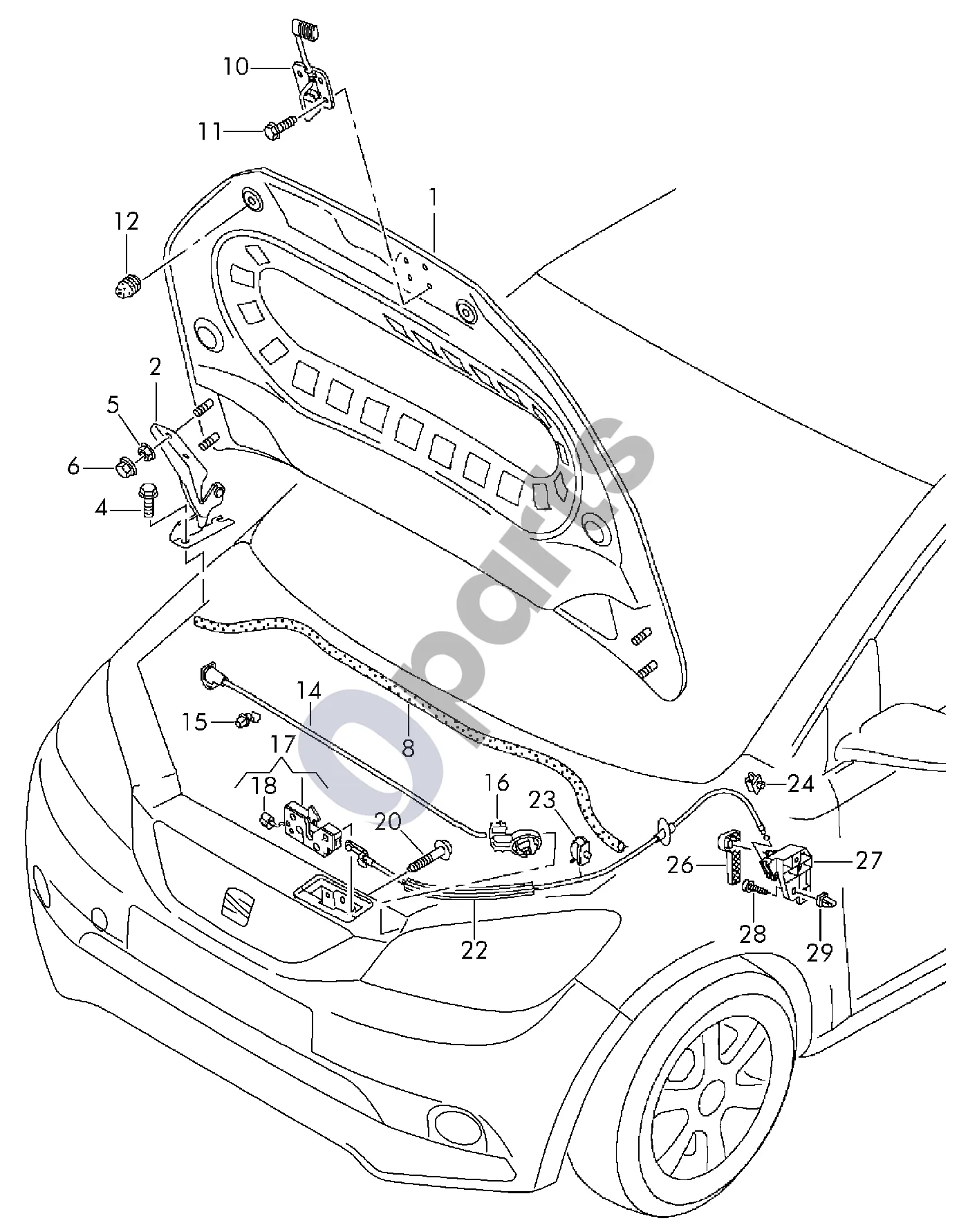 Seat Mii (2011–) Variklio dangtis schema – pozicija 8: Vandens dėžės sandariklis
