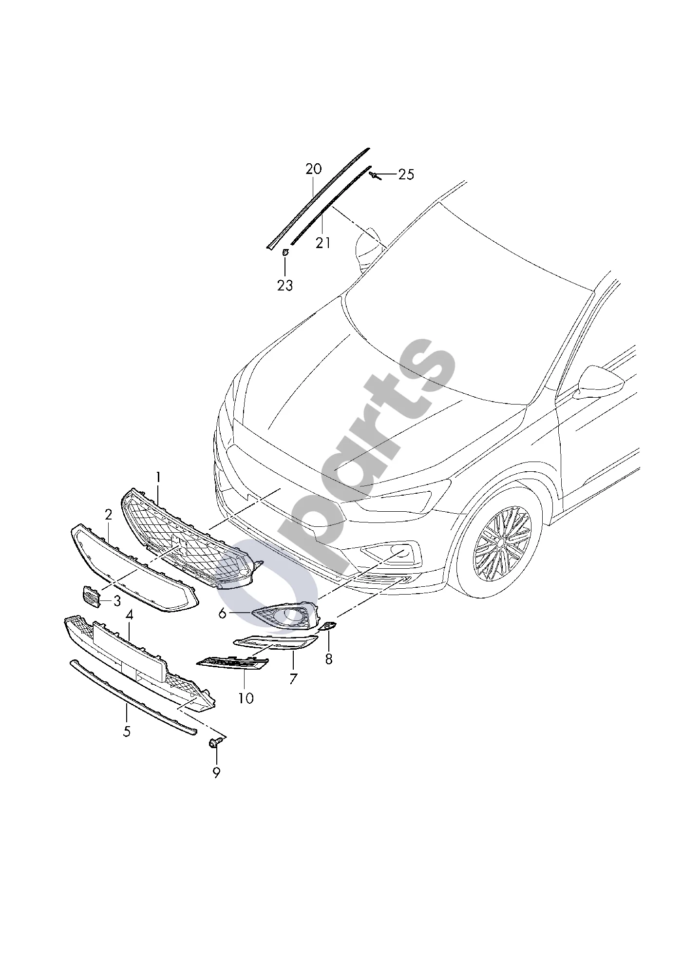 Seat Tarraco (2018–) Radiatoriaus grotelės schema – pozicija 21: Fiksavimo juostelė