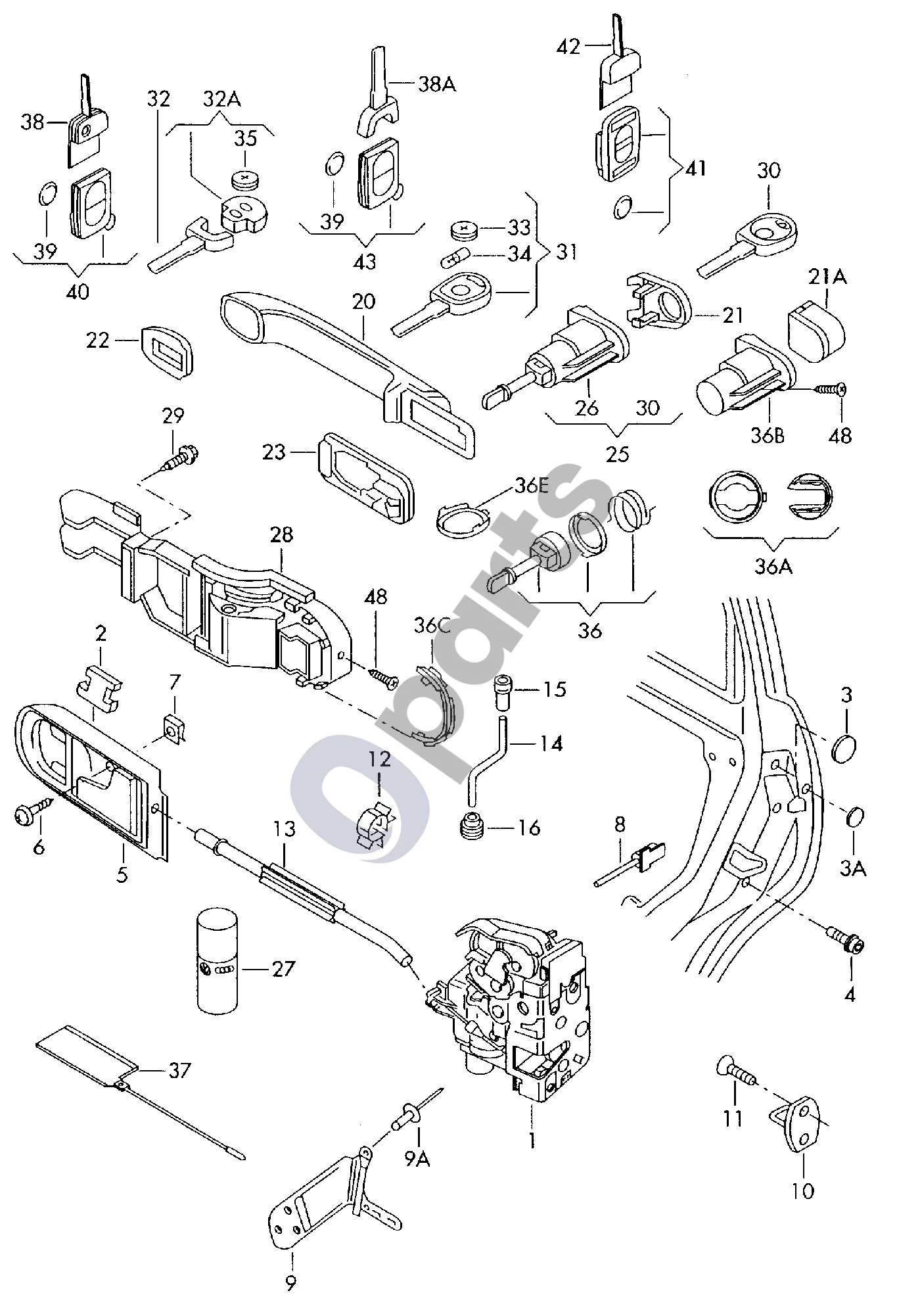 Skoda Fabia Mk1 (6Y) (1999–2007) Durų spyna schema – pozicija 8: Laidas su spaustuku