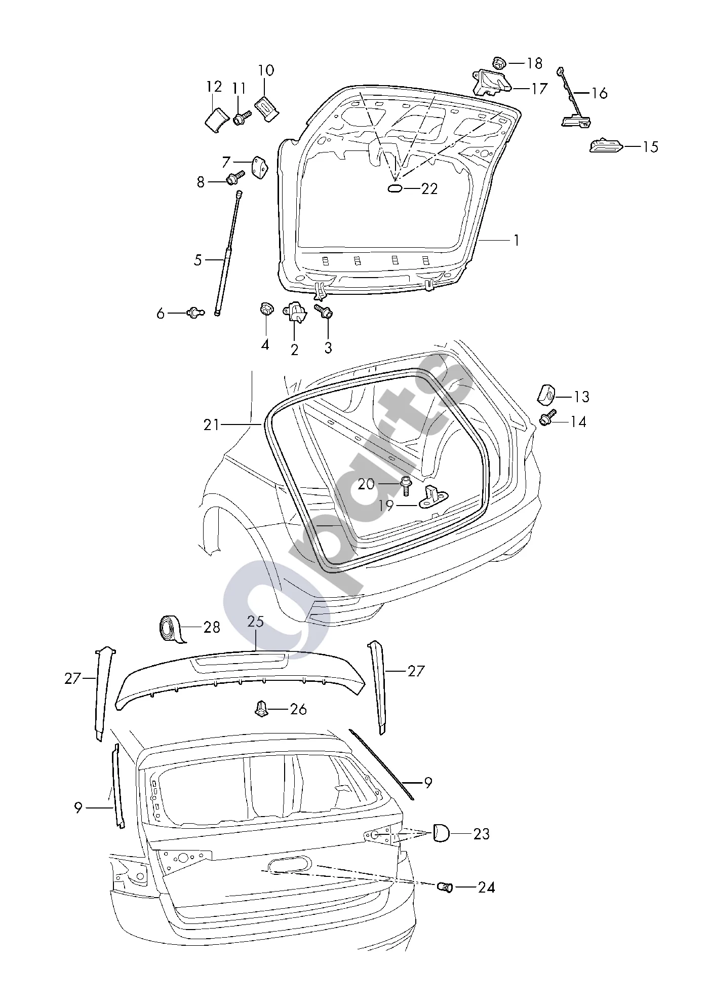 Skoda Fabia Mk4 (6VA) (2021–) Galinis dangtis schema – Push button for electric lid lock actuator; For vehicles with reversing camera system