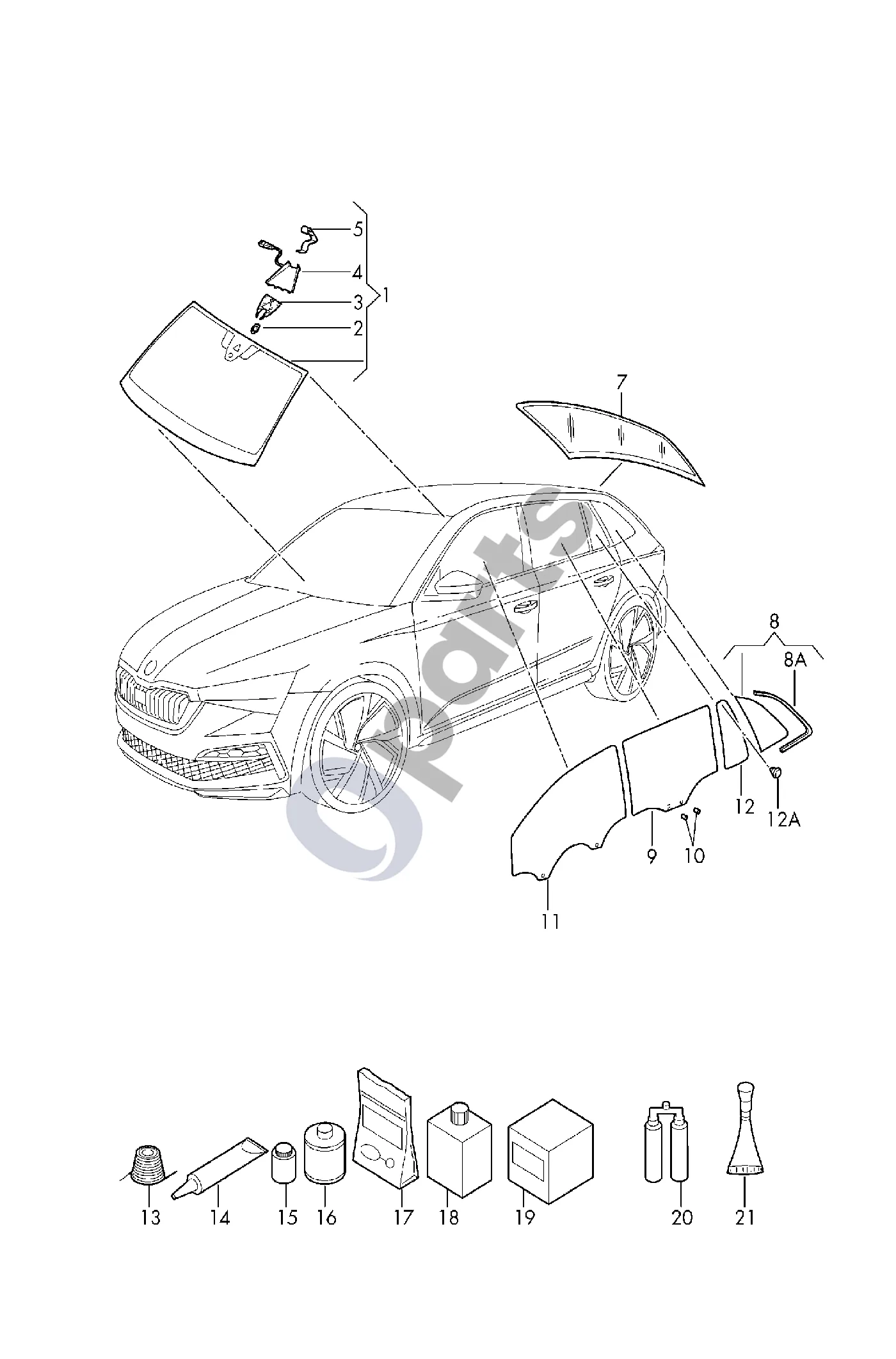 Skoda Kamiq (2019–) Lango stiklas schema – Durų stiklas